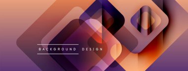 Soyut geometrik şekiller örtüşür, canlı bir gradyan arkaplan oluşturur. Mor, turuncu renkler tasarımda baskın, modern estetik..