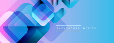 Soyut geometrik şekiller örtüşür, parlak mavi ve mor renkler yaratır. Modern tasarım teknoloji, yenilik, gelecek kavramları öneriyor.