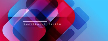 Soyut geometrik şekiller örtüşüyor, canlı renk eğimleri yaratıyor. Mavi, mor, kırmızı renkler tasarımda baskın. Modern estetik.