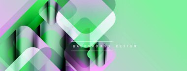 Soyut geometrik şekiller örtüşüyor, canlı yeşil, mor renkler yaratıyor. Arkaplan ve sunumlar için modern tasarım ögesi.