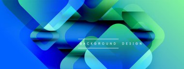 Soyut geometrik şekiller örtüşür, parlak mavi, yeşil eğimler yaratır. Modern tasarım elementleri teknoloji ve yenilik öneriyor.