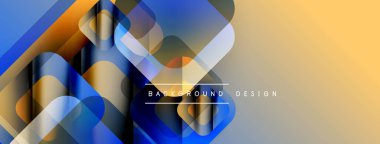 Soyut geometrik şekiller örtüşür, dinamik görsel efekt yaratır. Mavi, turuncu, sarı renkler kusursuz bir şekilde harmanlanır. Modern tasarım ögesi.