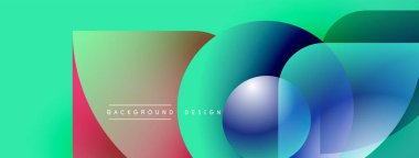 Soyut canlı tasarım, üst üste binen daireler, gradyanlar. Turkuaz, mavi, kırmızı renkler modern görsel etki yaratır. Metin arkaplan tasarımı okur.