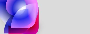 Soyut şekiller örtüşüyor, canlı renk değişimleri yaratıyor. Pembe, mavi, mor renkler gri arka planda kusursuz bir şekilde harmanlanır. Modern tasarım.