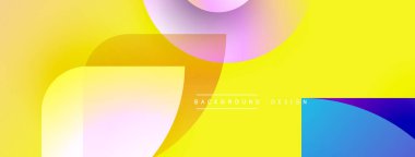 Soyut, enerjik bir arkaplan. Üst üste binen şekiller dinamik görsel efekt yaratır. Sarı, mavi, mor renkler kompozisyona hakim. Modern tasarım ögesi.