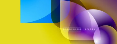 Soyut geometrik şekiller çakışıyor. Canlı sarı, mavi, mor renkler dinamik kompozisyon oluşturur. Arka planlar için modern tasarım ögesi.
