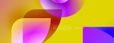 Soyut, enerjik bir arkaplan. Üst üste binen şekiller dinamik görsel efekt yaratır. Sarı, mor, turuncu renkler kompozisyona hakim. Modern tasarım ögesi.