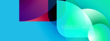 Soyut geometrik şekiller örtüşüyor, canlı renk eğimleri yaratıyor. Mavi arka planda baskın, mor ve yeşil aksanlar mevcut. Modern tasarım ögesi.