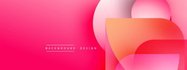 Soyut pembe eğimli arkaplan. Üst üste binen daireler, dikdörtgenler dinamik görsel efekt yaratır. Modern tasarım elemanları.