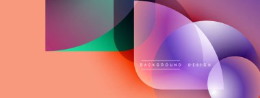 Soyut geometrik şekiller örtüşüyor, canlı renk eğimleri yaratıyor. Şeftali tonları arka planda baskın, mor aksanlar mevcut. Modern tasarım ögesi.