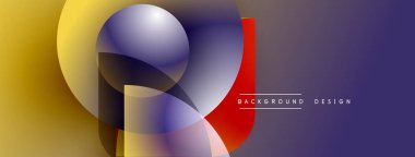 Soyut geometrik bileşim. Üst üste binen şekiller canlı renk eğimleri, modern tasarım elementleri yaratır. Mor, sarı, kırmızı renkler egemen.