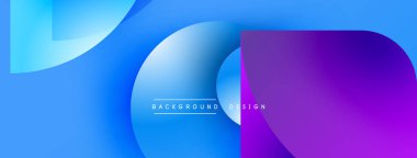 Soyut geometrik şekiller mavi ve mor renkleri harmanlarlar. Modern tasarım üst üste binen katmanlar, gradyan etkiler, metin ögesi.