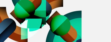 Soyut geometrik şekiller örtüşür, canlı renk zıtlıkları yaratır. Kompozisyonda daireler, kareler, deniz mavisi, kahverengi, deniz mavisi renkleri bulunur. Minimalist tasarım.