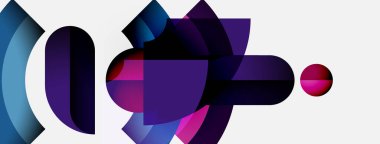 Soyut kompozisyon. Üst üste binen şekiller, mor renkler baskın, mavi aksanlı. Minimalist tasarım, modern estetik. Temiz arkaplan.