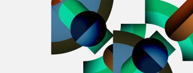 Soyut geometrik şekiller örtüşür, canlı renk blokları oluşturur. Kompozisyonda daireler, kıvrımlar, beyaz arkaplanda dikdörtgenler var. Modern tasarım.