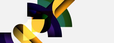 Soyut renkli şekiller örtüşür, dinamik bileşim yaratır. Sarı, mor, yeşil renkler beyaz arkaplana hakim. Modern tasarım.