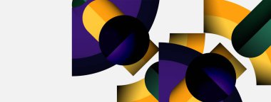 Soyut geometrik şekiller örtüşür, dinamik bileşim yaratır. Renkler arasında mor, turuncu, yeşil, siyah, beyaz yer alıyor. Modern tasarım elemanları.