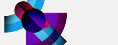 Soyut geometrik bileşim. Üst üste binen şekiller canlı renk eğimleri, dinamik görsel efektler yaratır. Modern tasarım elemanları.