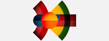 Soyut renkli tasarım. Dairesel şekiller örtüşüyor, dinamik görsel etki yaratıyor. Parlak renkler beyaz arkaplana hakim. Modern, sanatsal.