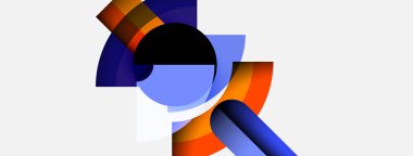 Soyut şekiller örtüşüyor, canlı renk değişimleri yaratıyor. Mavi, turuncu, mor renkler kompozisyona hakim. Minimalist tasarım, modern estetik.