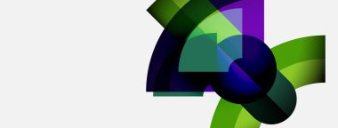 Soyut şekiller örtüşür, canlı renk karışımları yaratır. Yeşil, mor, mavi renkler beyaz arkaplana hükmediyor. Modern tasarım ögesi.