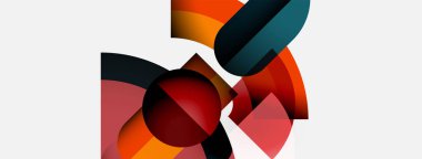 Soyut geometrik şekiller örtüşür, canlı renk karışımları yaratır. Kırmızı, turuncu, deniz mavisi beyaz arka plana hakim. Modern tasarım.