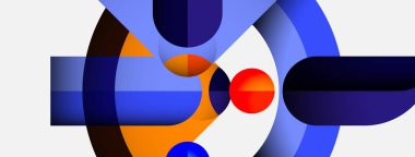 Üst üste binen daireler, dikdörtgenler içeren soyut bir kompozisyon. Mavi, turuncu, kırmızı renkler tasarımda baskın. Minimalist tarz, mevcut temiz çizgiler.