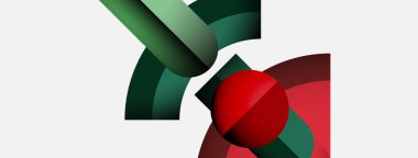 Soyut geometrik bileşim. Yeşil, kırmızı şekiller beyaz arka planda kesişiyor. Minimalist tasarım, modern estetik, dairesel elementler mevcut.