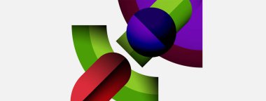 Soyut şekiller örtüşür, canlı renk karışımları yaratır. Kompozisyonda kıvrımlar, daireler, kırmızılar, yeşiller, morlar var. Minimalist tasarım.