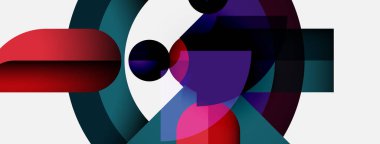 Üst üste binen şekiller, canlı renkler, dinamik formlar içeren soyut kompozisyon. Modern tasarım, temiz çizgiler, görsel uyum mevcut..