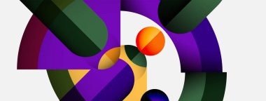 Kavisli şekiller, canlı renkler içeren soyut bir kompozisyon. Mor, turuncu, yeşil baskın tasarım. Modern, minimalist estetik.