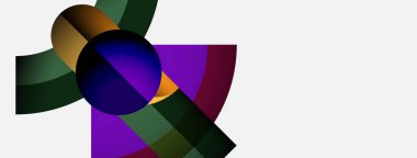 Soyut kompozisyon, üst üste binen daireler, bölümler. Renkler arasında mor, yeşil, altın, siyah var. Minimalist tasarım, modern estetik.