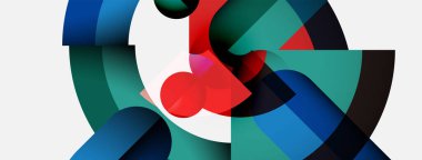 Soyut kompozisyon. Üst üste binen şekiller dinamik görsel deneyimler yaratır. Renkler karışıyor, ilginç desenler oluşturuyor. Minimalist tasarım.