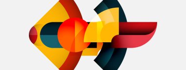 Soyut geometrik şekiller örtüşür, canlı renk kombinasyonları yaratır. Bileşik özellikler eğriler, açılar, dinamik etkileşim.