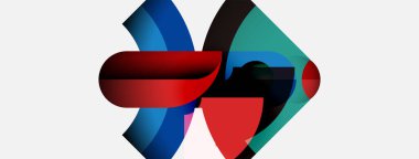 Soyut tasarım özellikleri üst üste binen renkli şekiller. Kırmızı, mavi, deniz mavisi elementler dinamik görsel etki yaratır. Modern, geometrik bileşim.