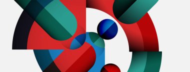 Soyut kompozisyon. Üst üste binen şekiller, canlı renkler, dinamik düzenleme. Modern tasarım, temiz estetik, görsel uyum.