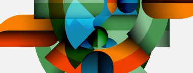 Soyut geometrik bileşim. Şekiller örtüşüyor, dinamik görsel ilgi yaratıyor. Renkler turuncu, yeşil, mavi, beyaz. Modern tasarım.