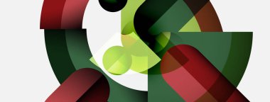 Soyut bileşim, üst üste binen geometrik şekiller içerir. Kırmızı, yeşil, sarı renkler beyaz arkaplanla harmanlanır ve dinamik görsel efekt yaratır.