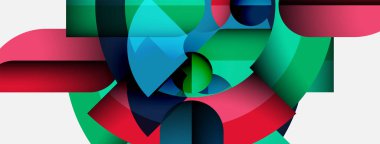 Soyut kompozisyon. Geometrik şekiller örtüşüyor, canlı renk eğimleri yaratıyor. Kırmızı, yeşil, mavi baskın tasarım. Modern estetik.