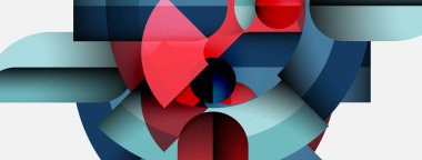 Soyut geometrik bileşim. Kırmızı, mavi, cyan şekilleri üst üste binerek dinamik görsel efekt yaratır. Minimalist tasarım, modern estetik.