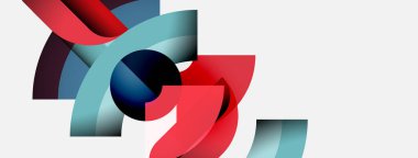 Soyut şekiller örtüşür, dinamik bileşim yaratır. Kırmızı, mavi renkler beyaz arkaplana hakim. Modern tasarım elemanları.