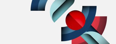 Soyut tasarım kıvrımlı kurdeleler, kırmızı küre içerir. Minimalist kompozisyon, temiz çizgiler, modern estetik. Basit şekiller dinamik görsel etki yaratır.