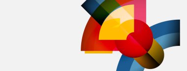 Soyut renkli şekiller örtüşür, dinamik bileşim yaratır. Beyaz arka planda parlak renklerin karşıtlığı. Modern tasarım ögesi.