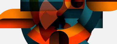 Soyut geometrik şekiller örtüşür, dinamik bileşim yaratır. Sıcak turuncu, serin deniz mavisi, kahverengi renkler tasarımda baskın. Modern estetik.