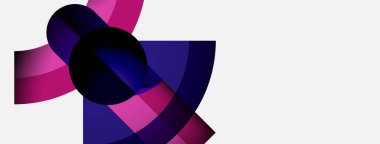 Soyut şekiller örtüşür, dinamik bileşim yaratır. Mor, pembe renkler beyaz arkaplana hakim. Modern tasarım elemanları.