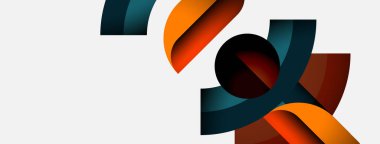 Soyut kurdeleler birbirine dolanır ve dinamik kompozisyon oluşturur. Tarafsız arkaplan karşısında sıcak, serin tonlar. Modern tasarım elemanları.