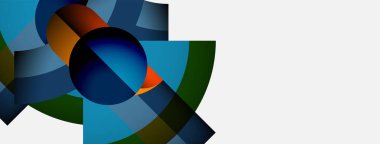 Soyut geometrik şekiller, canlı renkler, dairesel tasarım. Mavi, yeşil, turuncu renkli modern kompozisyon. Temiz, minimalist estetik.