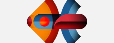 Soyut grafik tasarım, üst üste binen şekiller. Kırmızı, turuncu, mavi renkler dinamik kompozisyon oluşturur. Modern, minimalist estetik.