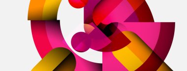 Soyut kompozisyon. Üst üste binen renkli şekiller dinamik görsel efekt yaratır. Pembe, kırmızı, sarı renkler tasarımda baskın. Modern, geometrik stil.