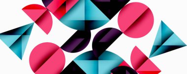 Soyut geometrik şekiller, daireler, üçgenler, canlı renkler. Minimalist tasarım, modern estetik, temiz kompozisyon. Parlak, neşeli, dinamik.
